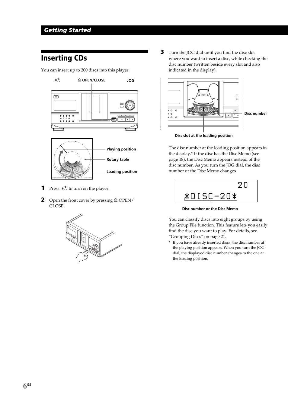 Inserting cds, Getting started | Sony CDP-CX230 User Manual | Page 6 / 80