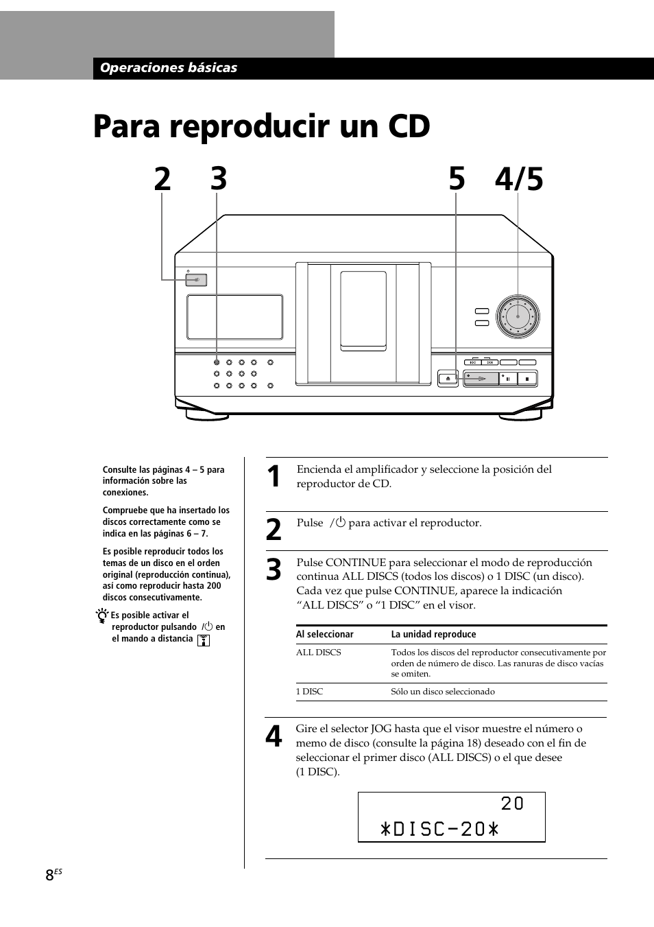Para reproducir un cd 4/5 2 3, Operaciones básicas | Sony CDP-CX230 User Manual | Page 60 / 80