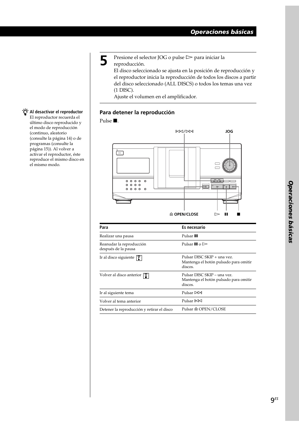 Operaciones básicas, Para detener la reproducción, Pulse p | Para, Es necesario, Al desactivar el reproductor | Sony CDP-CX230 User Manual | Page 61 / 80