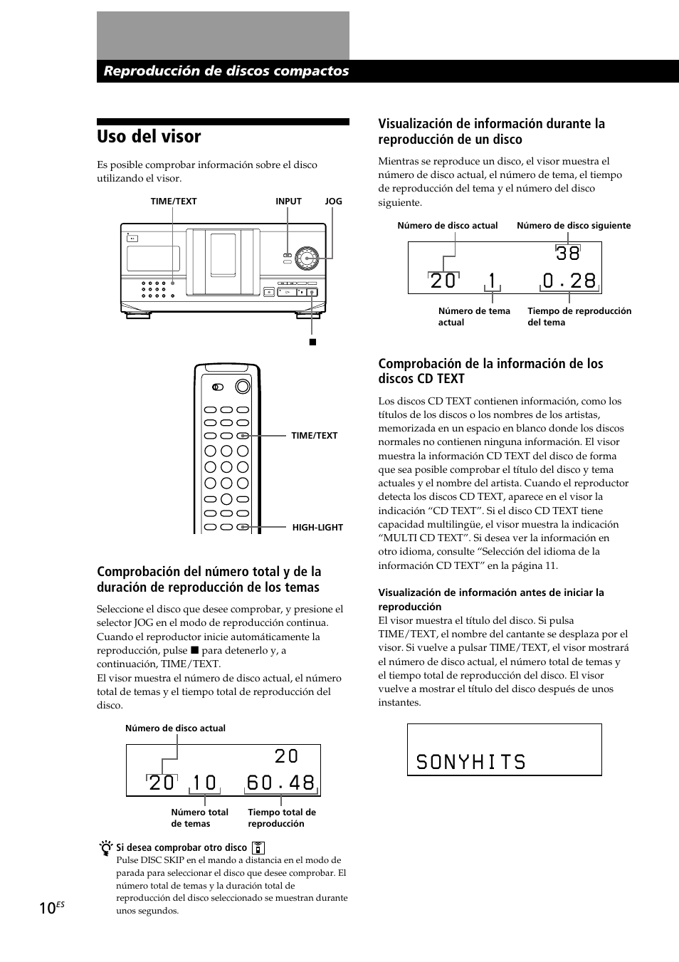 Uso del visor, Reproducción de discos compactos | Sony CDP-CX230 User Manual | Page 62 / 80