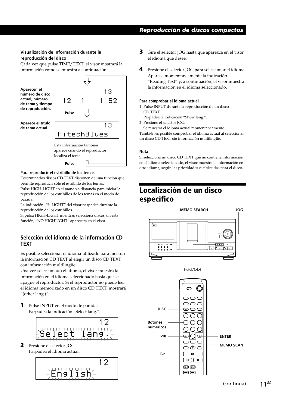 Localización de un disco específico, Selección del idioma de la información cd text | Sony CDP-CX230 User Manual | Page 63 / 80