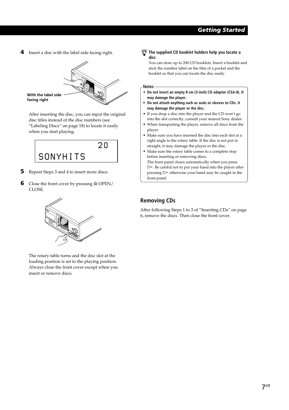 Playing cds getting started getting started, Removing cds | Sony CDP-CX230 User Manual | Page 7 / 80