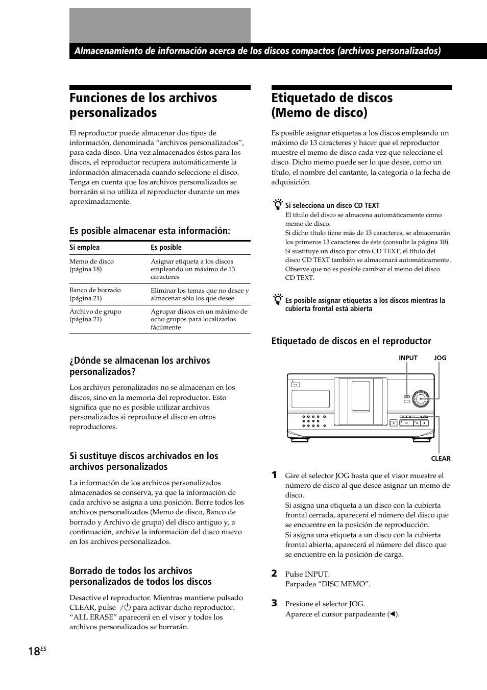 Funciones de los archivos personalizados, Es posible almacenar esta información, Dónde se almacenan los archivos personalizados | Etiquetado de discos en el reproductor 1 | Sony CDP-CX230 User Manual | Page 70 / 80