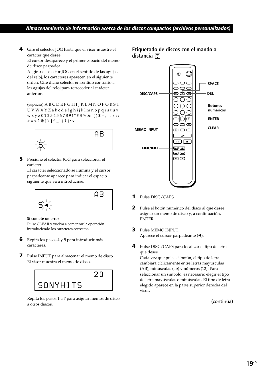 Locating a scene or track you want, Etiquetado de discos con el mando a distancia | Sony CDP-CX230 User Manual | Page 71 / 80