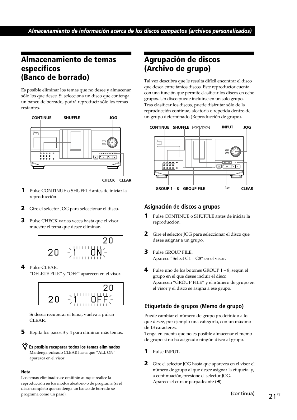 2 0 1 o n, 2 0 1 o f f, Agrupación de discos (archivo de grupo) | Sony CDP-CX230 User Manual | Page 73 / 80