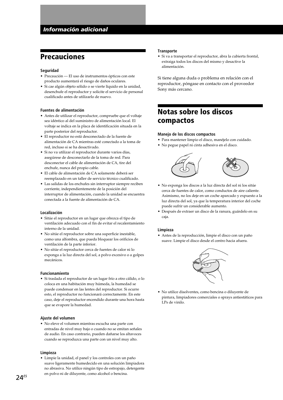 Notas sobre los discos compactos, Precauciones, Información adicional | Sony CDP-CX230 User Manual | Page 76 / 80