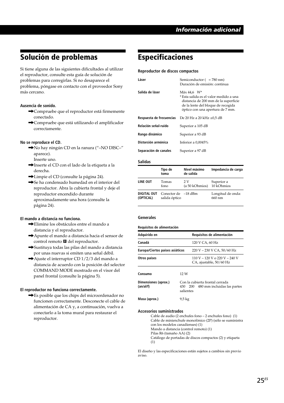 Especificaciones, Solución de problemas, Playing cds in various modes | Información adicional | Sony CDP-CX230 User Manual | Page 77 / 80