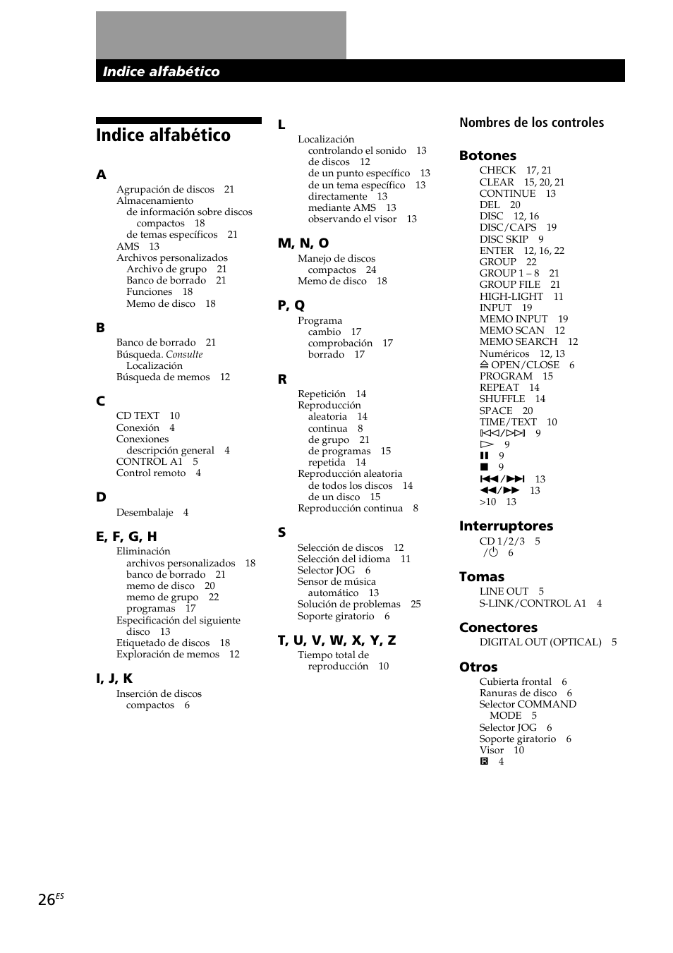 Indice alfabético | Sony CDP-CX230 User Manual | Page 78 / 80