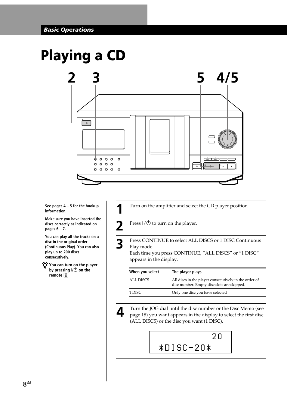 Playing a cd 2 3, Basic operations | Sony CDP-CX230 User Manual | Page 8 / 80