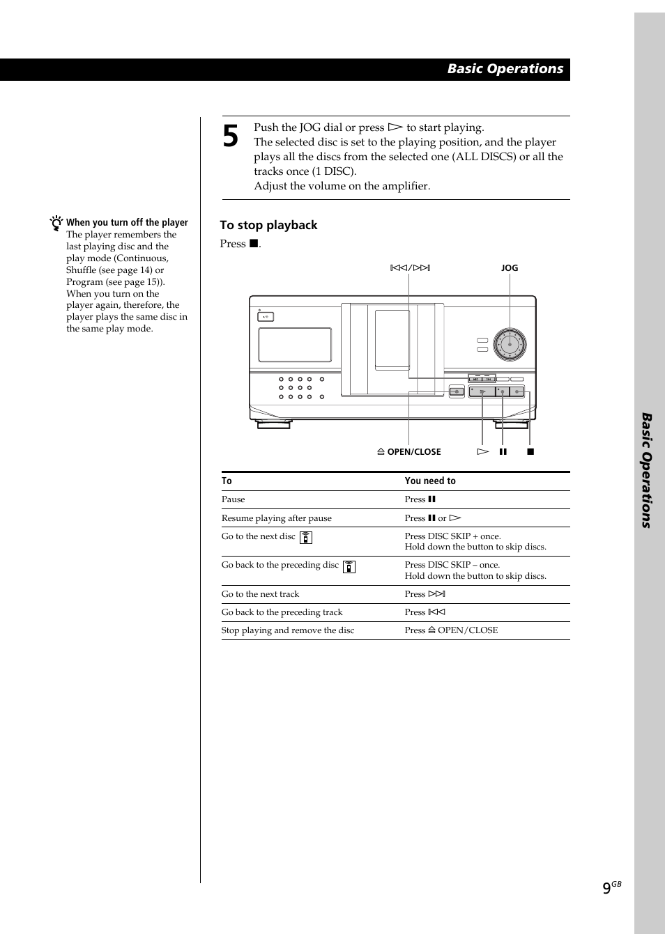 Basic operations, Press p, When you turn off the player | You need to | Sony CDP-CX230 User Manual | Page 9 / 80