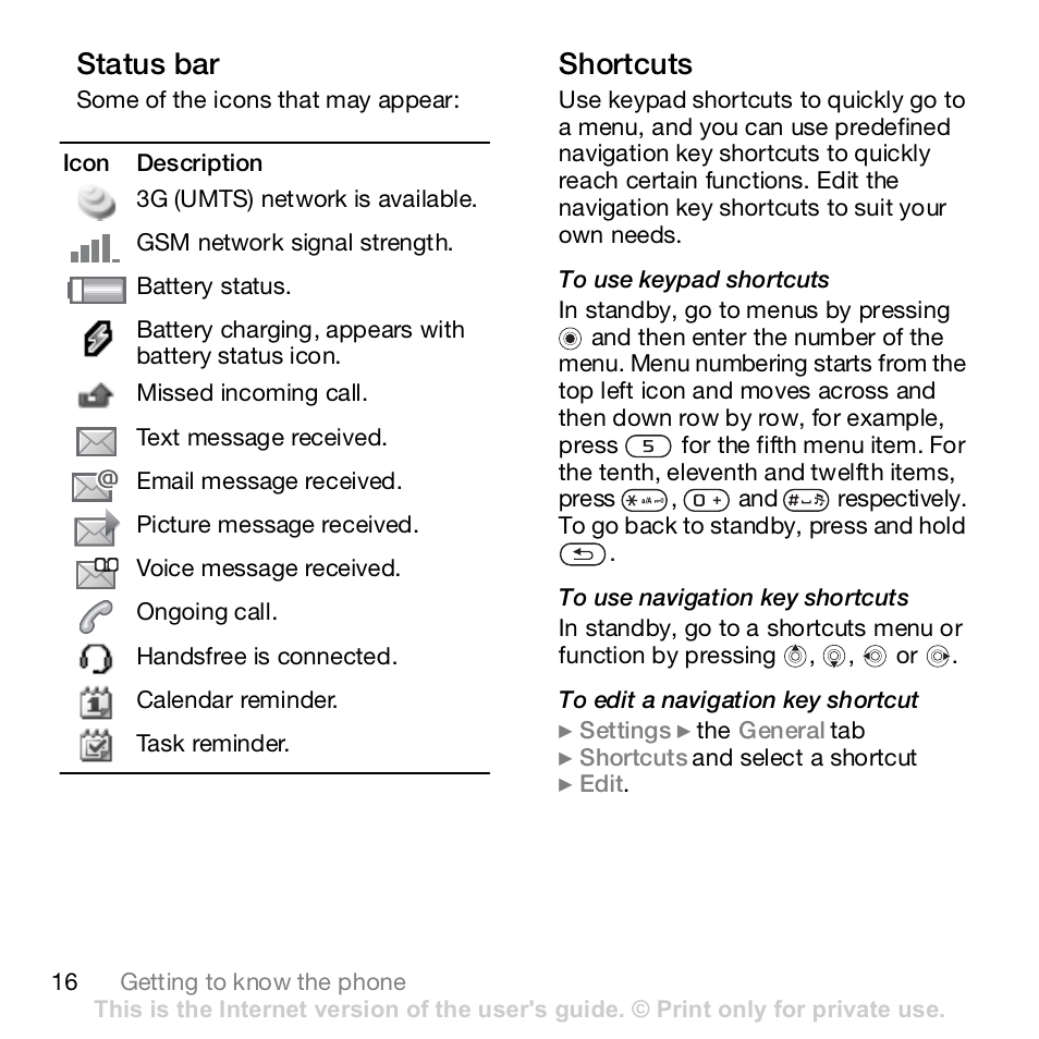 Status bar, Shortcuts | Sony Z610i User Manual | Page 16 / 96