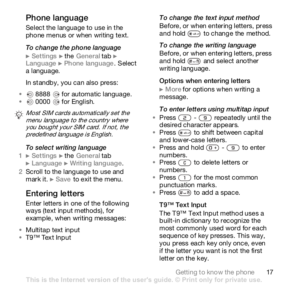 Phone language, Entering letters | Sony Z610i User Manual | Page 17 / 96