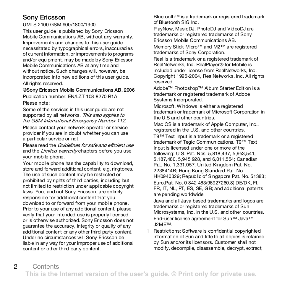 2contents sony ericsson | Sony Z610i User Manual | Page 2 / 96
