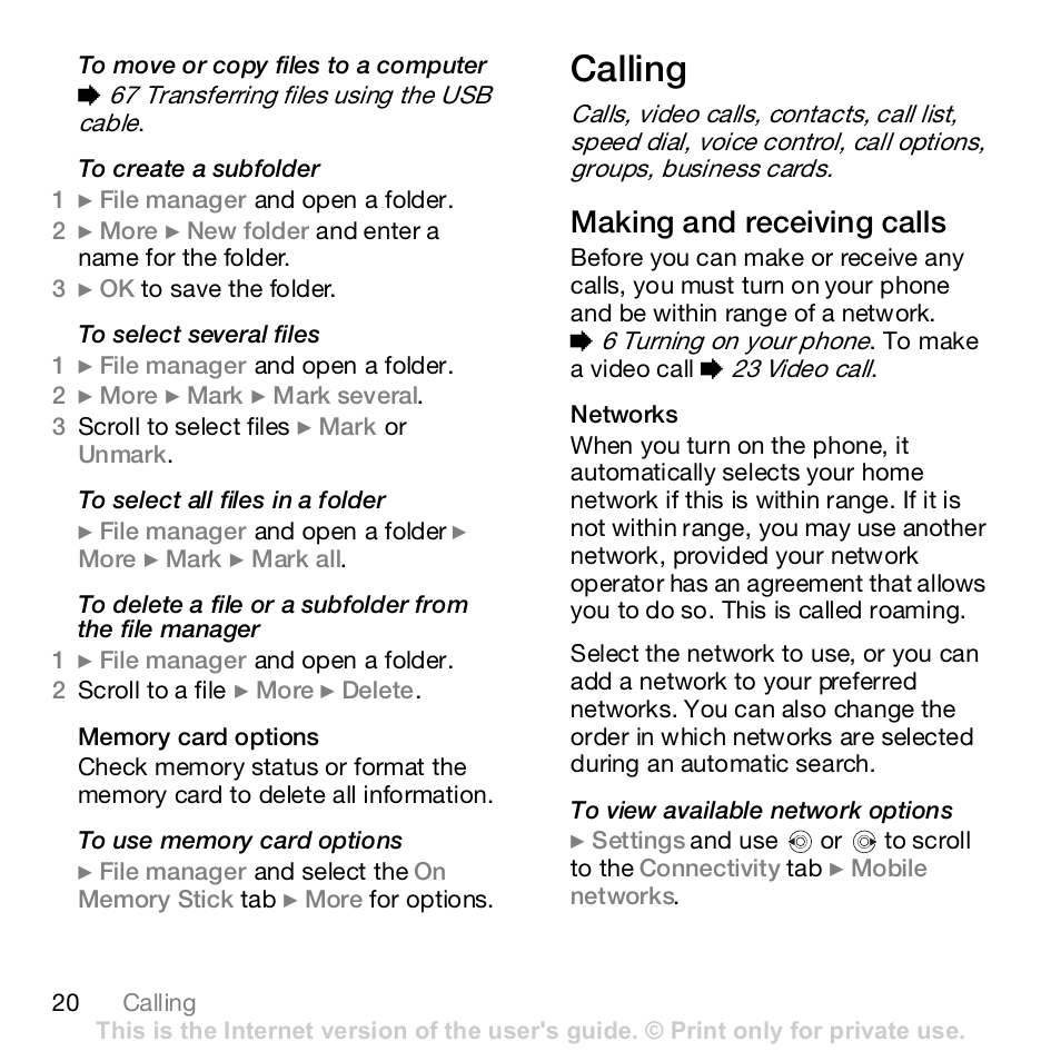 Calling, Making and receiving calls | Sony Z610i User Manual | Page 20 / 96