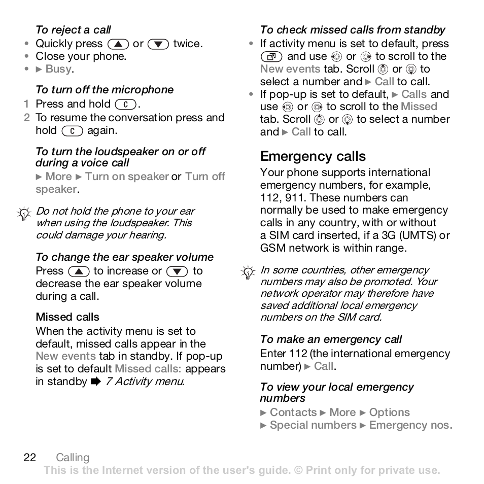 Emergency calls | Sony Z610i User Manual | Page 22 / 96