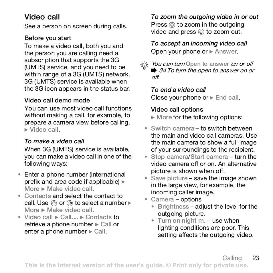 23 video call, Video call | Sony Z610i User Manual | Page 23 / 96