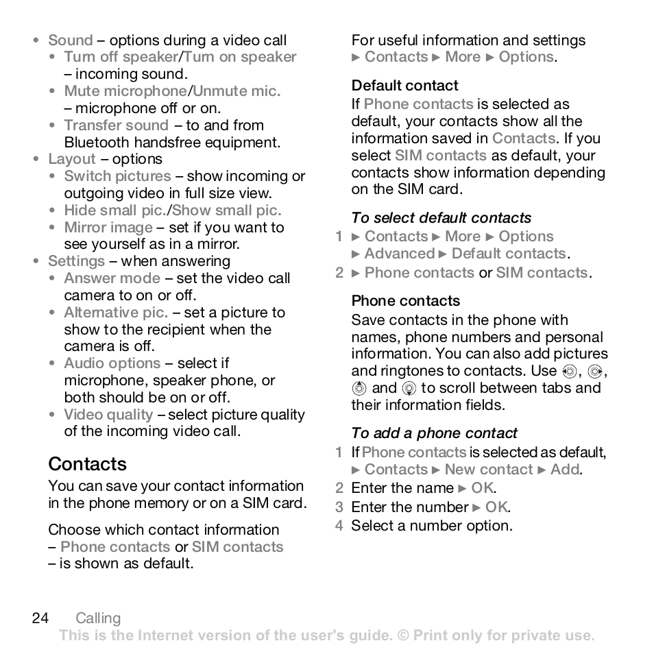 24 contacts, Contacts | Sony Z610i User Manual | Page 24 / 96