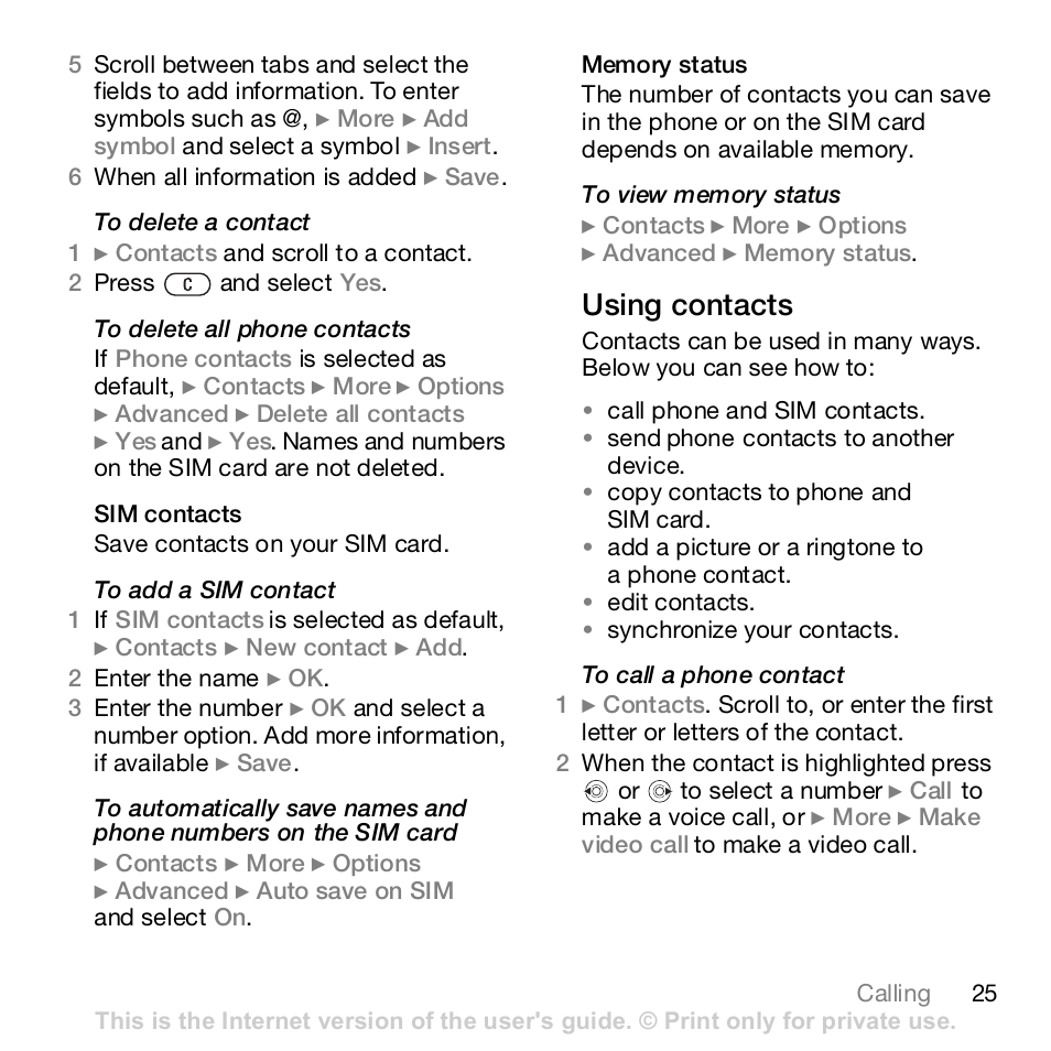 Using contacts | Sony Z610i User Manual | Page 25 / 96