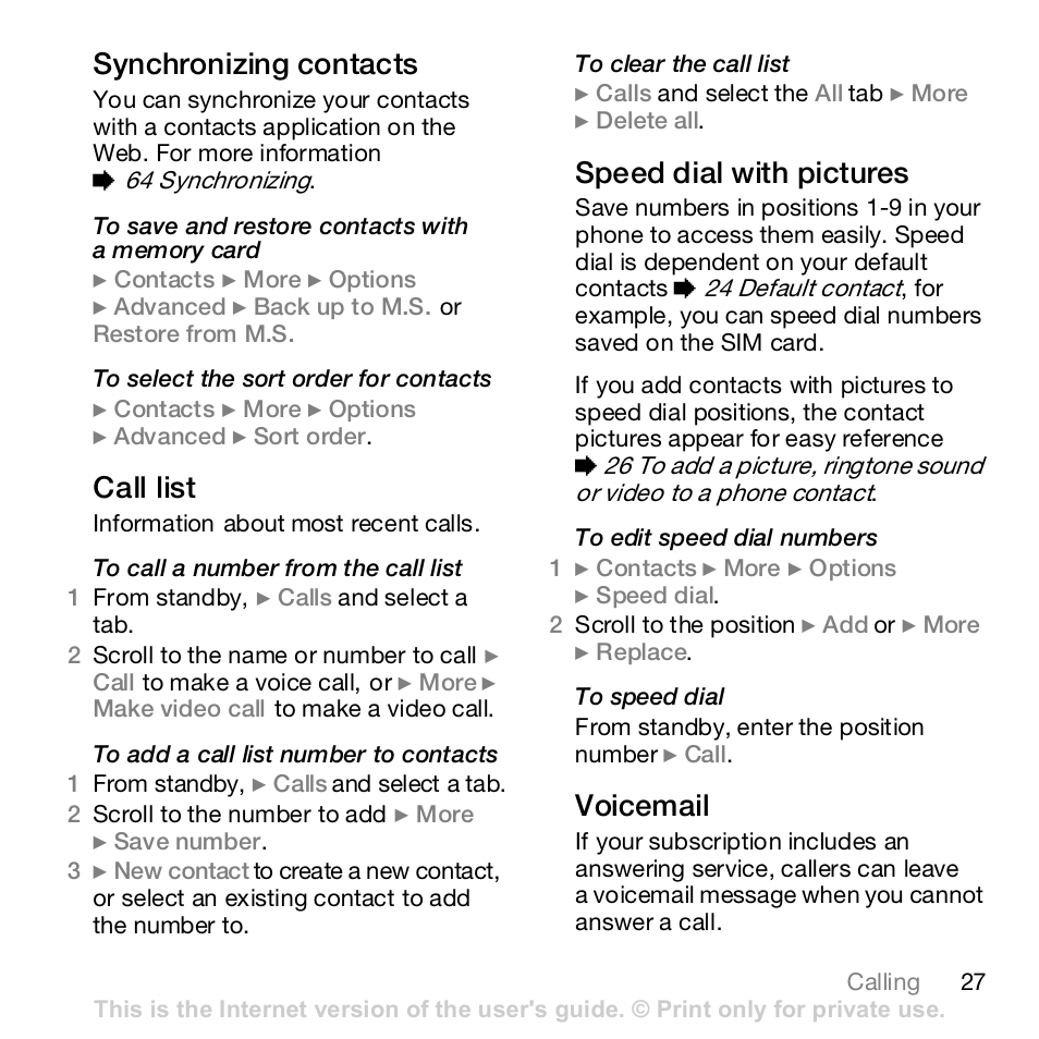 27 call list, Synchronizing contacts, Call list | Speed dial with pictures, Voicemail | Sony Z610i User Manual | Page 27 / 96