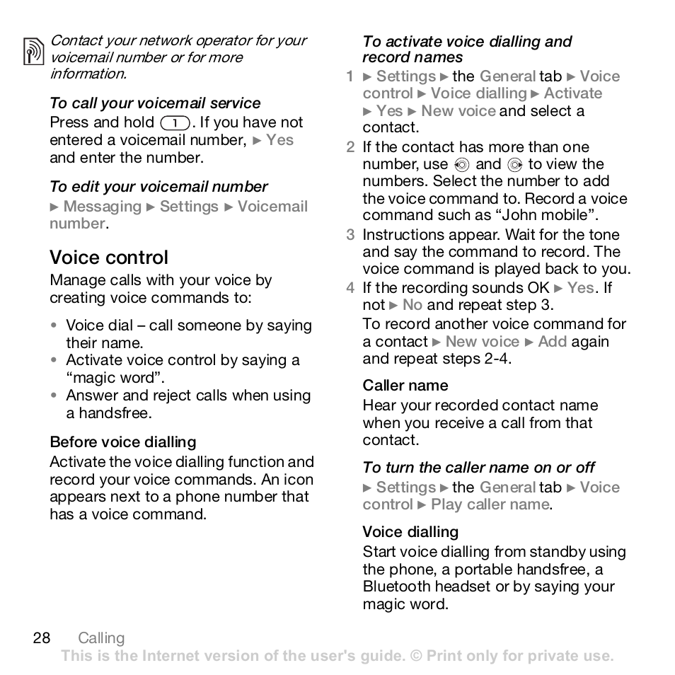 28 voice dialling, 28 voice control, Voice control | Sony Z610i User Manual | Page 28 / 96