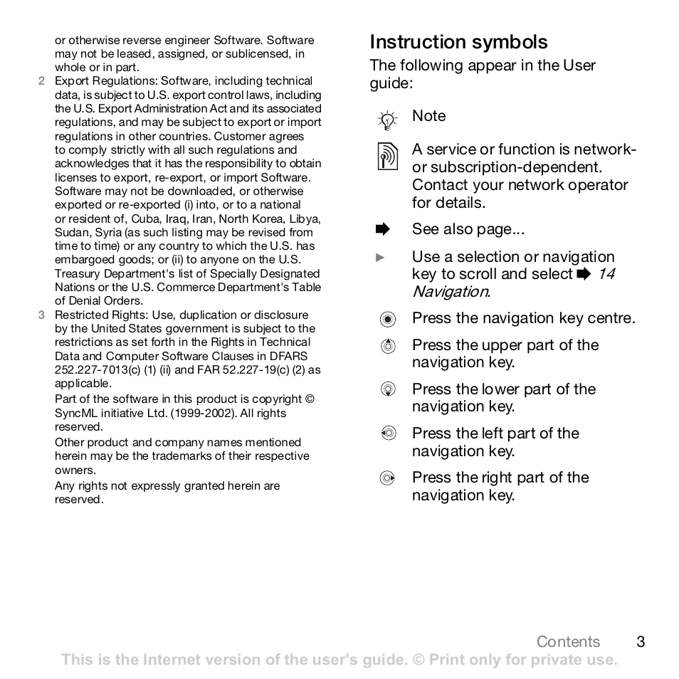 Instruction symbols | Sony Z610i User Manual | Page 3 / 96