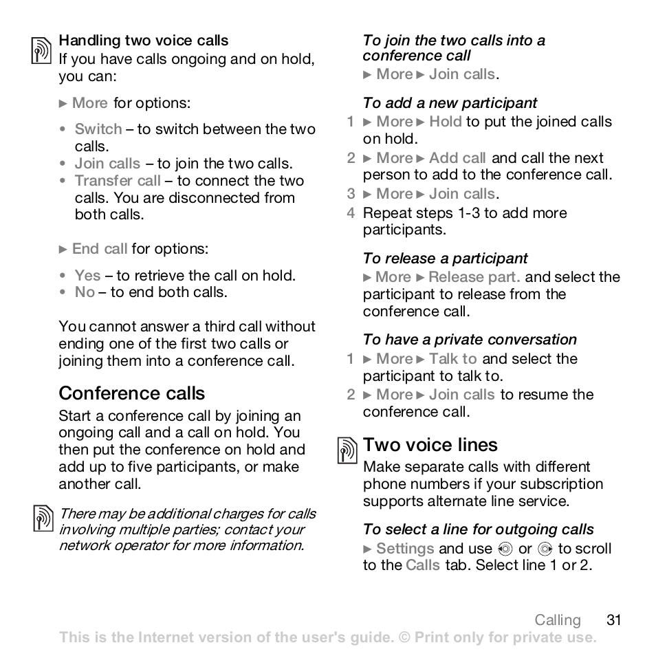 Conference calls, Two voice lines | Sony Z610i User Manual | Page 31 / 96