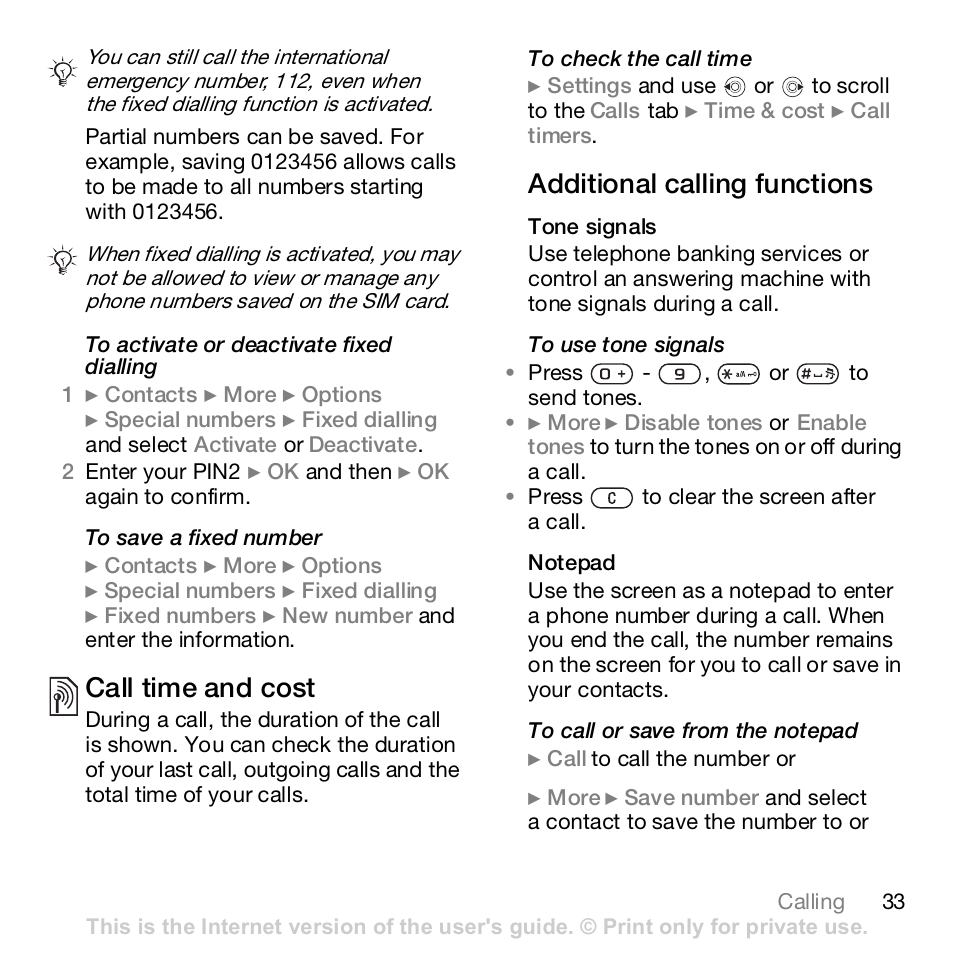 Call time and cost, Additional calling functions | Sony Z610i User Manual | Page 33 / 96