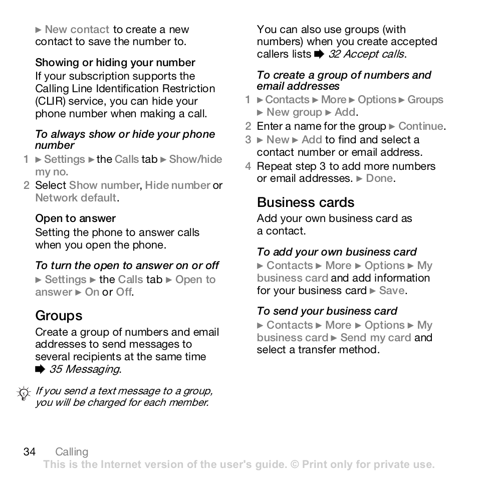 34 to turn the open to answer on or, 34 groups, Groups | Business cards | Sony Z610i User Manual | Page 34 / 96