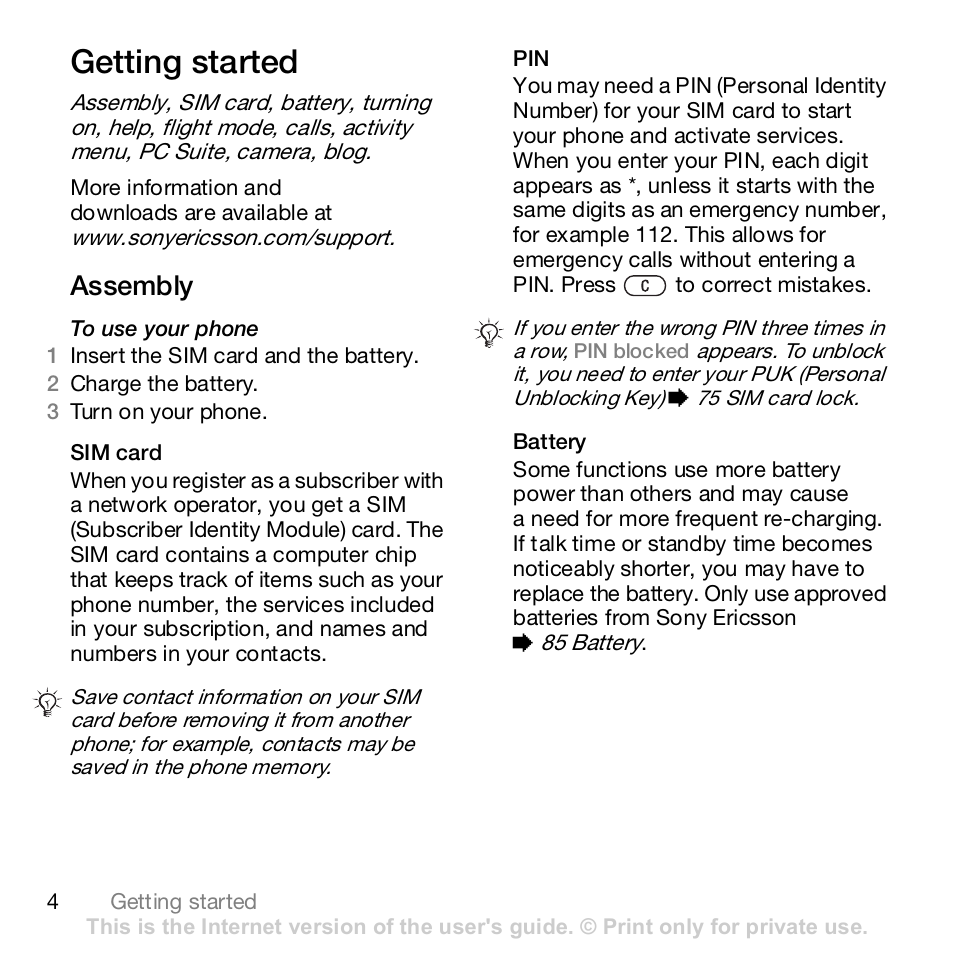 Getting started, Assembly | Sony Z610i User Manual | Page 4 / 96