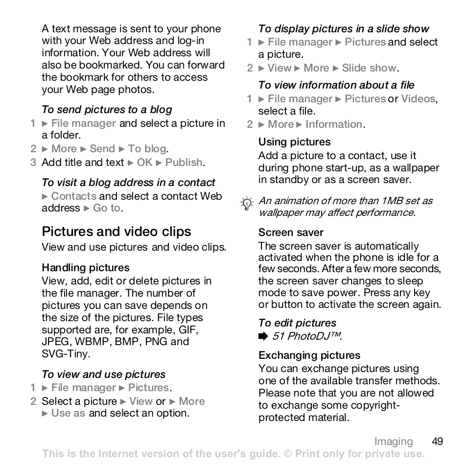 Pictures and video clips | Sony Z610i User Manual | Page 49 / 96