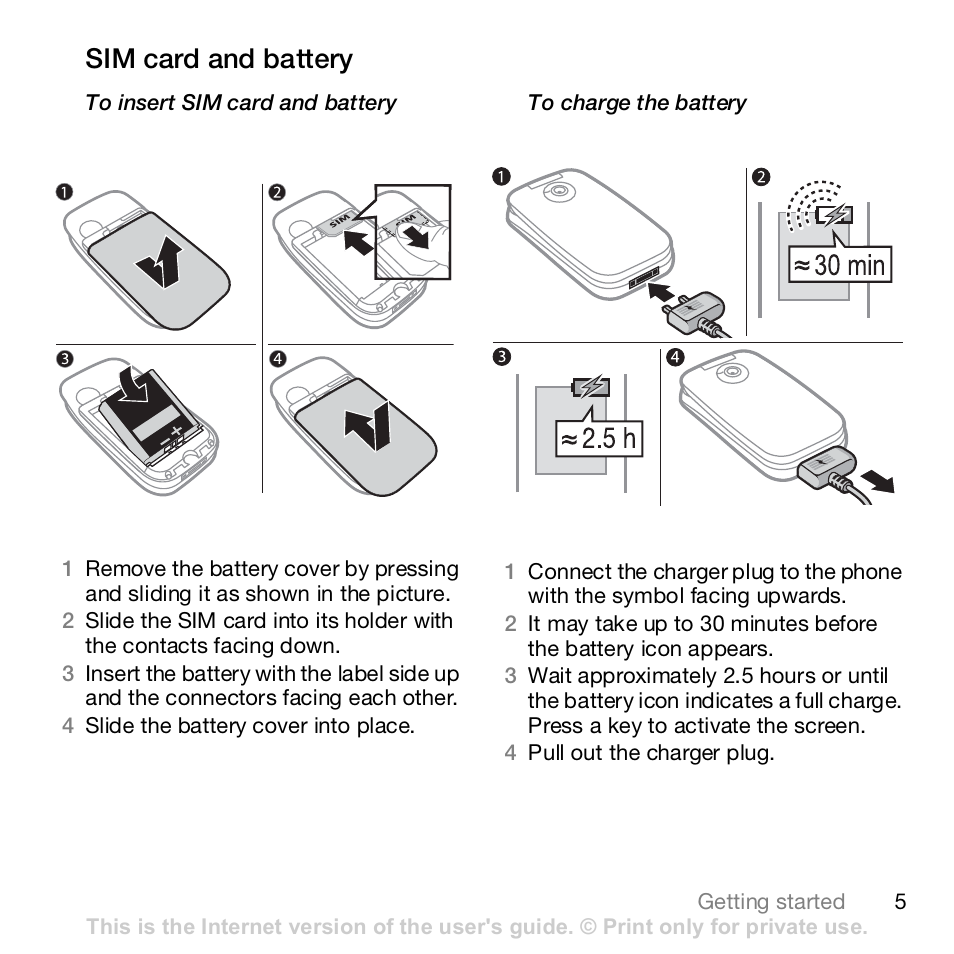Sim card and battery | Sony Z610i User Manual | Page 5 / 96