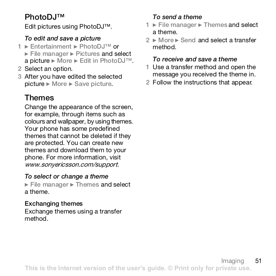 Photodj, Themes | Sony Z610i User Manual | Page 51 / 96