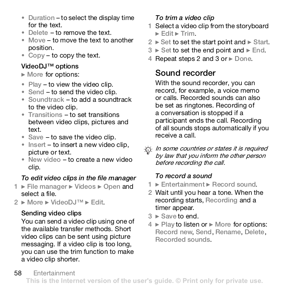 Sound recorder | Sony Z610i User Manual | Page 58 / 96