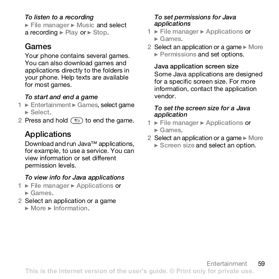 Games, Applications | Sony Z610i User Manual | Page 59 / 96