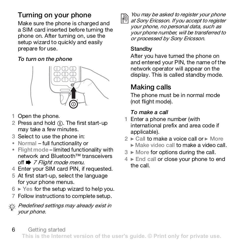 Turning on your phone, Making calls | Sony Z610i User Manual | Page 6 / 96