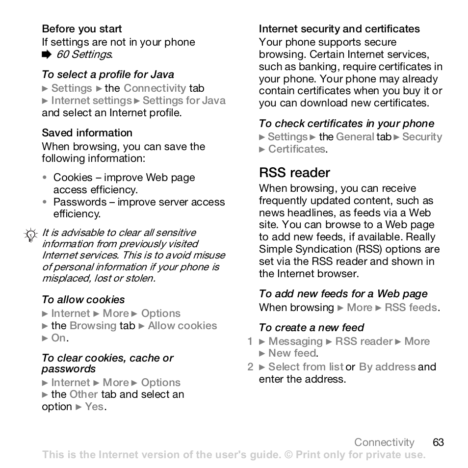 Rss reader | Sony Z610i User Manual | Page 63 / 96