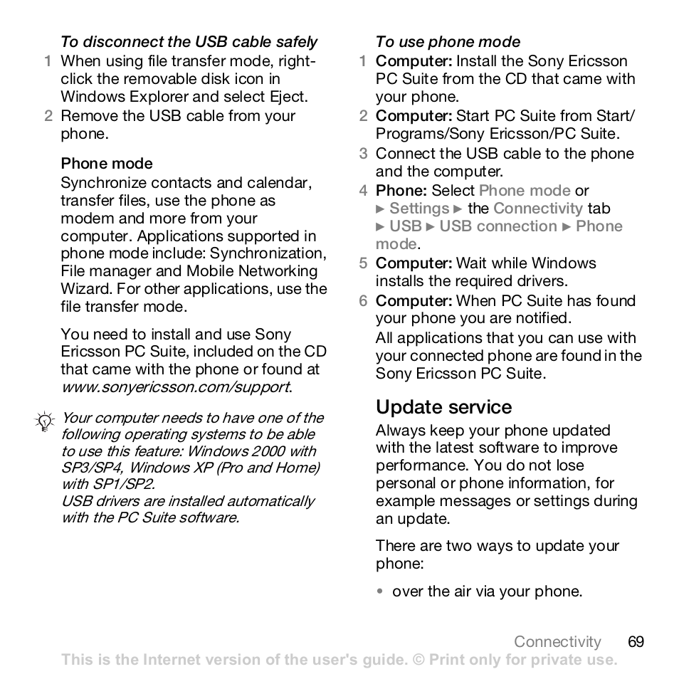 Update service | Sony Z610i User Manual | Page 69 / 96