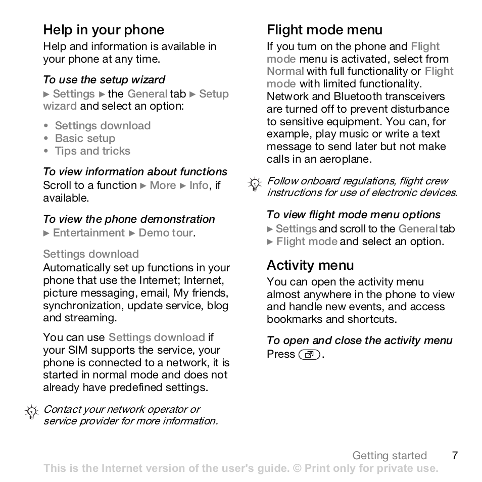 7 flight mode menu, Help in your phone, Flight mode menu | Activity menu | Sony Z610i User Manual | Page 7 / 96