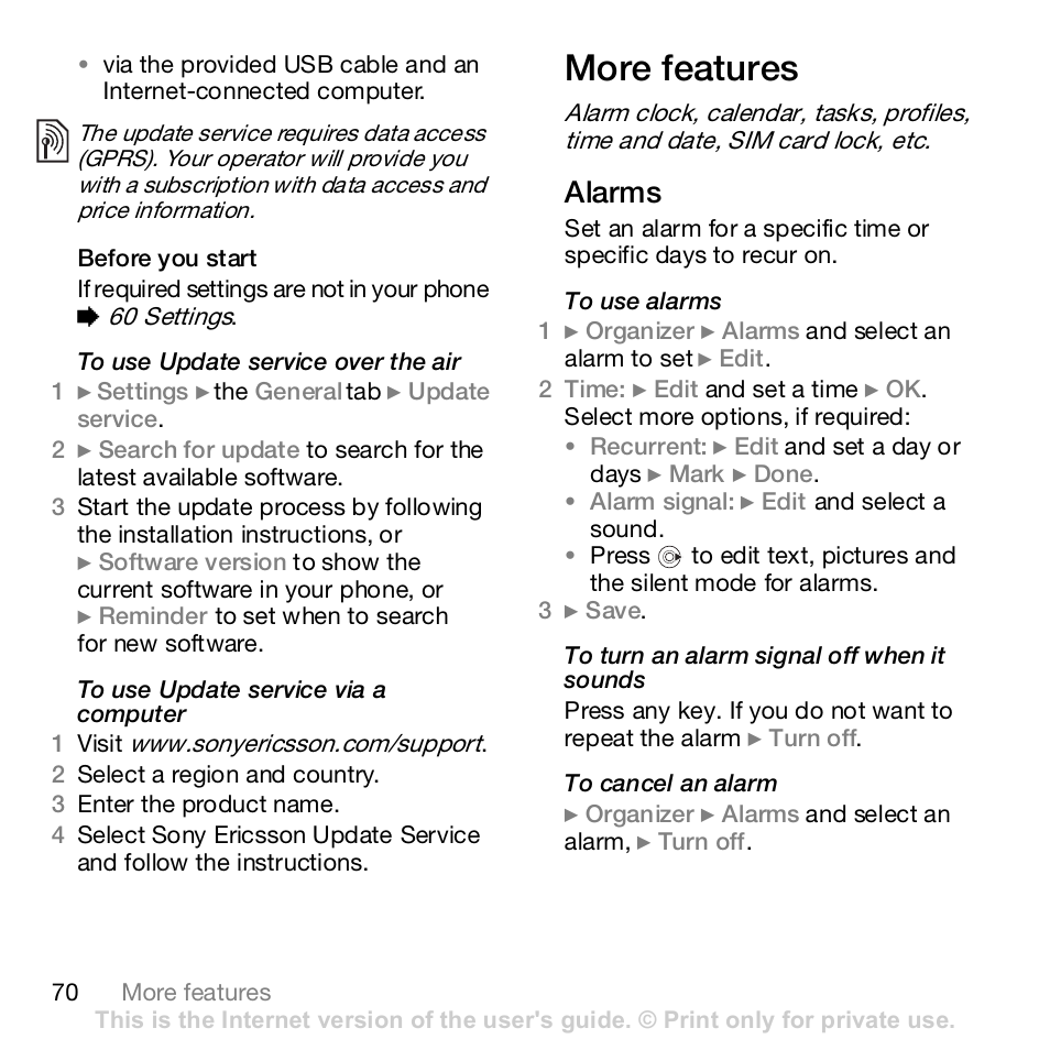 More features, Alarms | Sony Z610i User Manual | Page 70 / 96