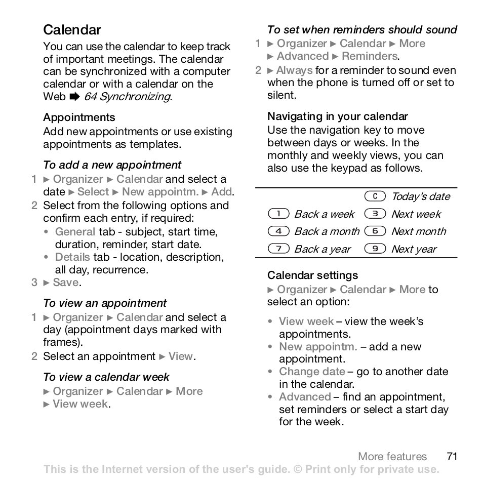 Calendar | Sony Z610i User Manual | Page 71 / 96