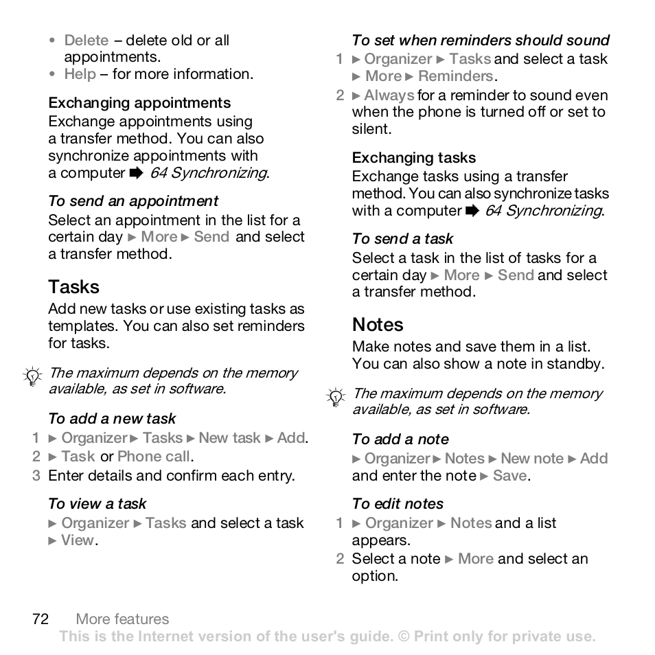 Tasks | Sony Z610i User Manual | Page 72 / 96