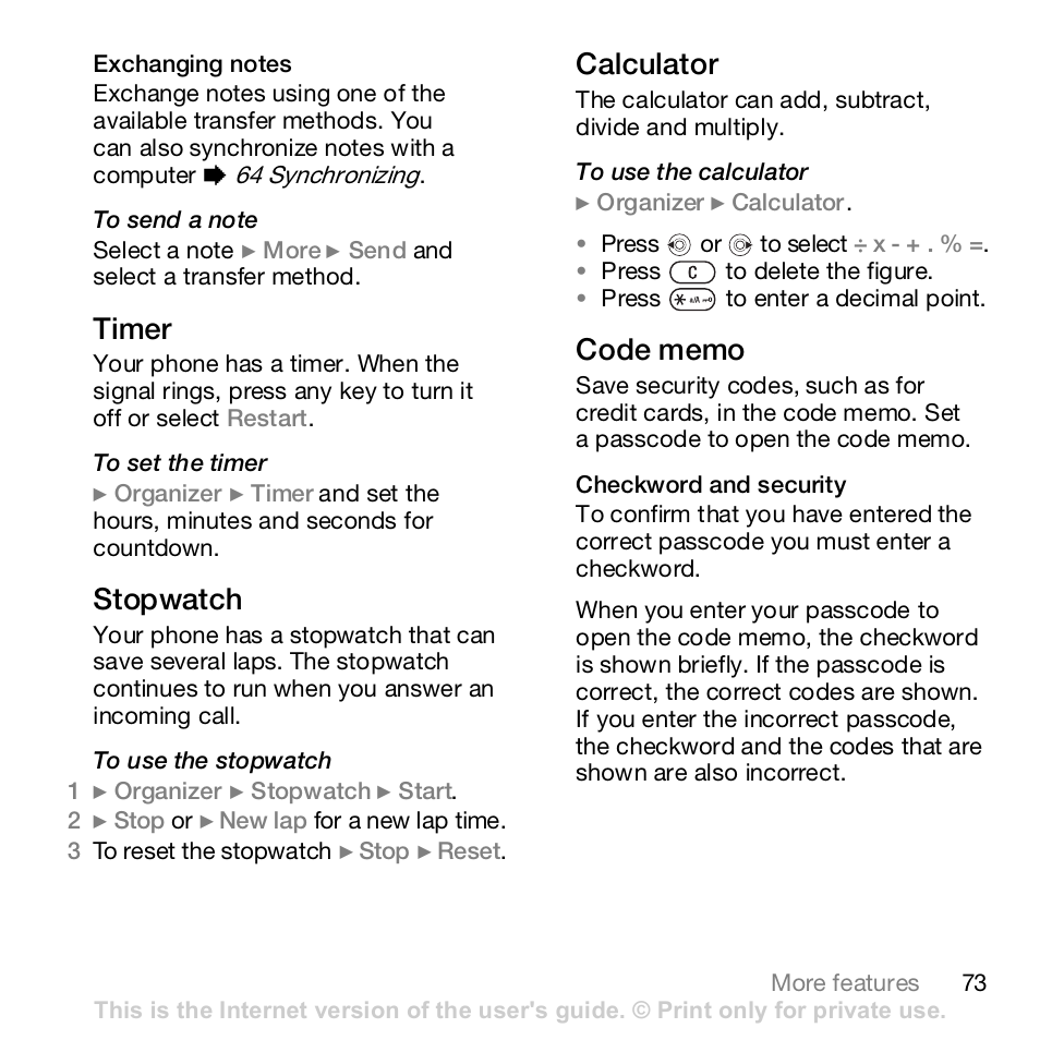 Timer, Stopwatch, Calculator | Sony Z610i User Manual | Page 73 / 96