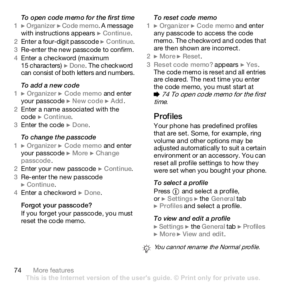 Profiles | Sony Z610i User Manual | Page 74 / 96