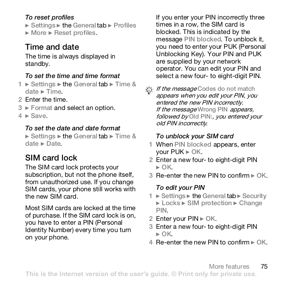 75 sim card lock, Time and date, Sim card lock | Sony Z610i User Manual | Page 75 / 96