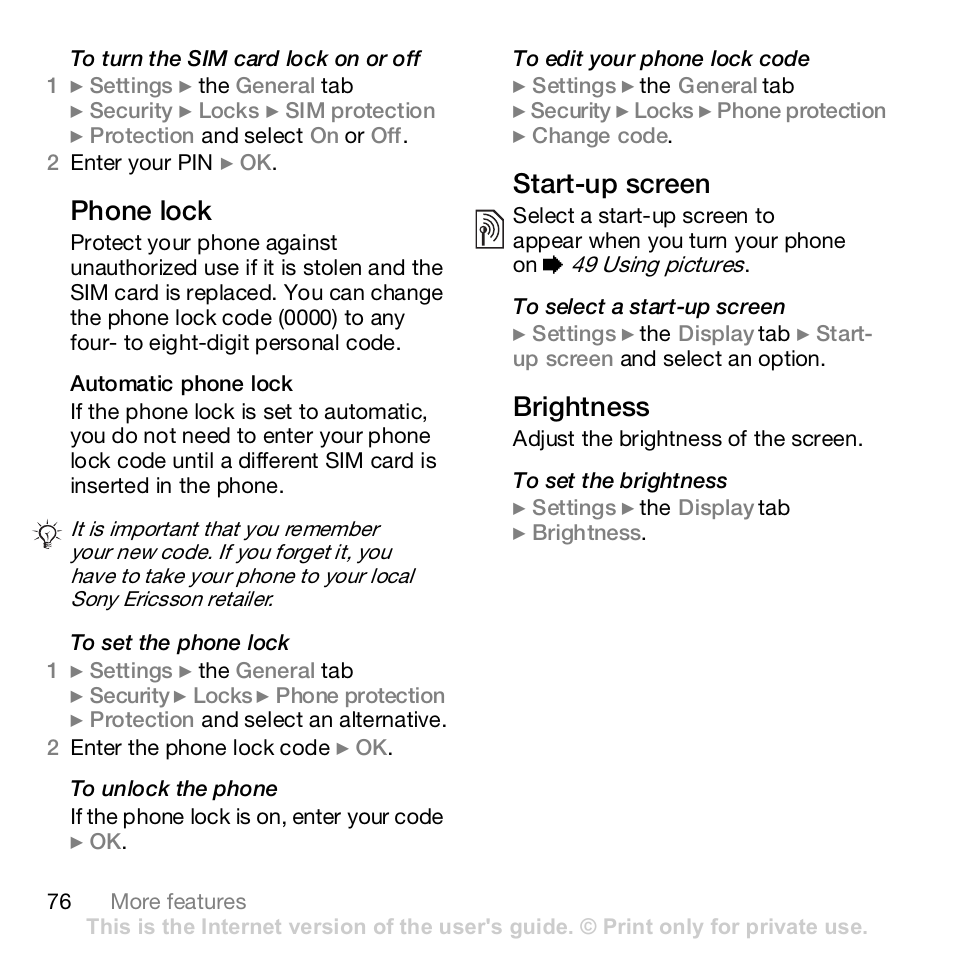 Phone lock, Start-up screen, Brightness | Sony Z610i User Manual | Page 76 / 96