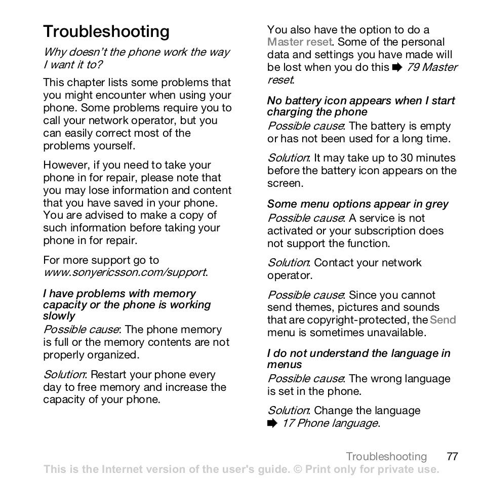 Troubleshooting, Why doesn’t the phone work the way i want it to | Sony Z610i User Manual | Page 77 / 96