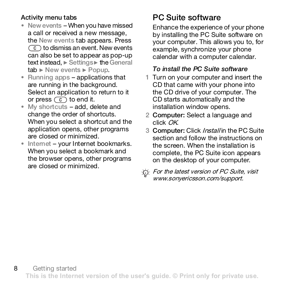 Pc suite software | Sony Z610i User Manual | Page 8 / 96
