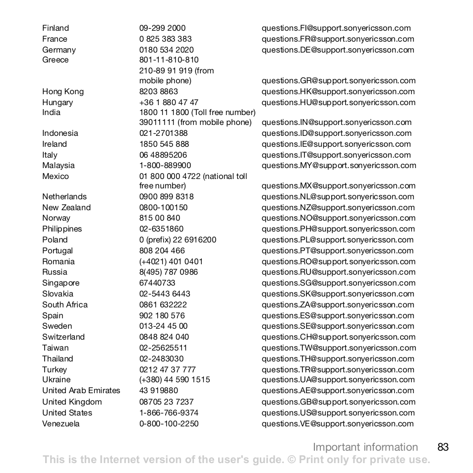 83 important information | Sony Z610i User Manual | Page 83 / 96