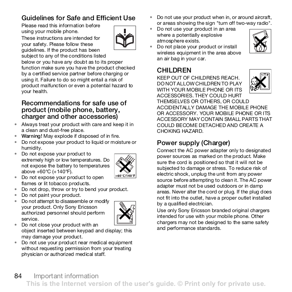 Children, Power supply (charger) | Sony Z610i User Manual | Page 84 / 96