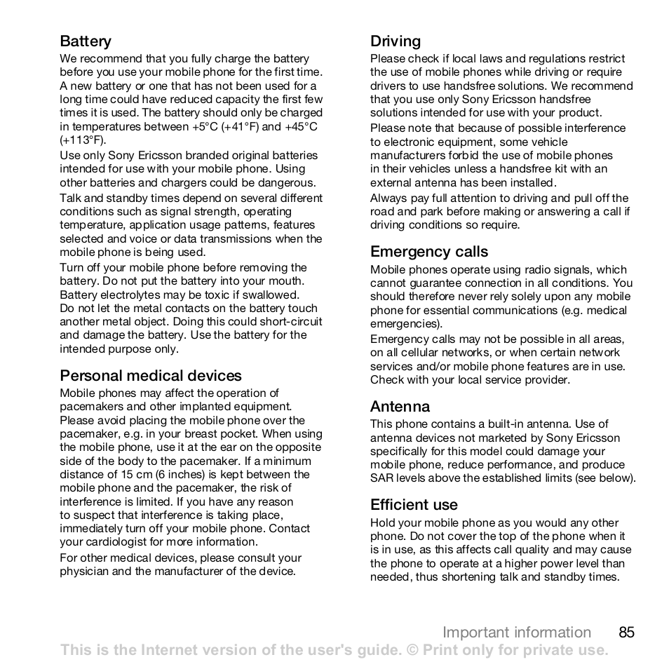 85 battery | Sony Z610i User Manual | Page 85 / 96